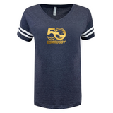 The WRS LAT Women's USA Rugby 50th Anniversary V-Neck Football T-Shirt is navy with white sleeve stripes and a gold "50 USA Rugby" logo on the front.
