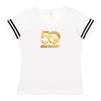 The Women's USA Rugby 50th Anniversary V-Neck Football T-Shirt by WRS LAT features chic black striped sleeves on a crisp white base, highlighted with a striking gold "50 USA RUGBY" logo at the center.