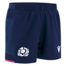 Scotland SRU 25/26 Matchday Home Shorts by Macron in navy, featuring an elastic waistband, white thistle and Macron logos on the front left leg—official Scotland Rugby shorts.