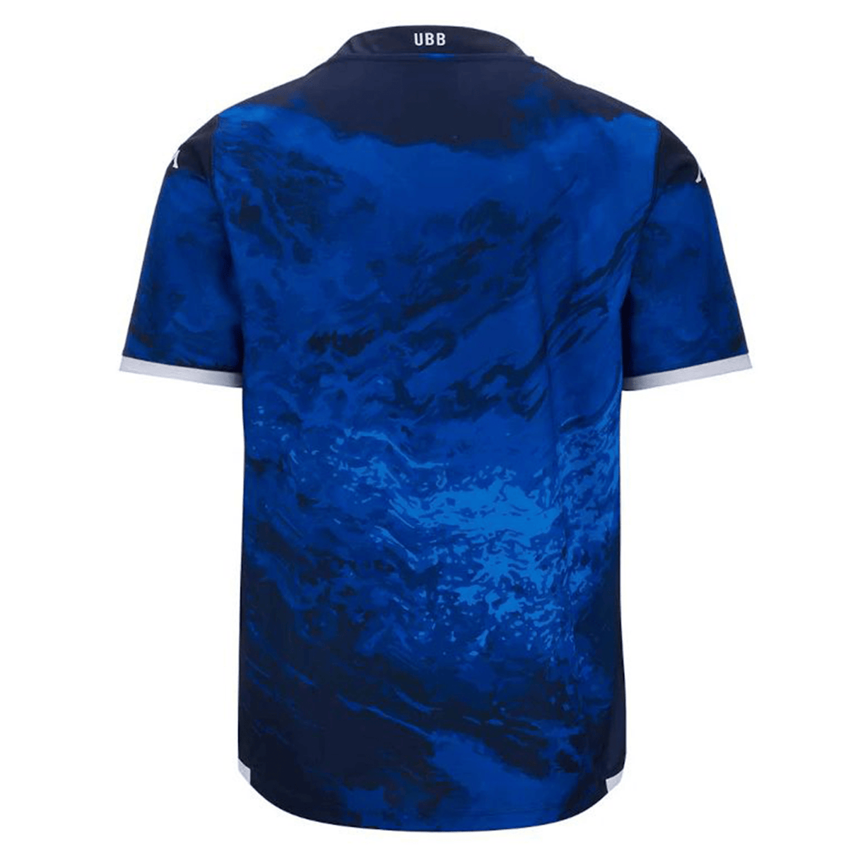 Back view of a blue tie-dye patterned Kappa Union Bordeaux Begles Rugby Third Jersey with short sleeves and the logo 'Union Bordeaux Begles' on the nape.