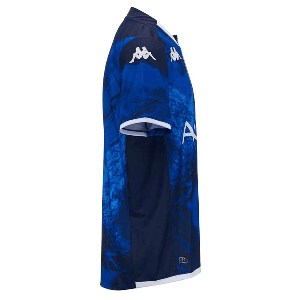 Side view of a blue and white patterned Kappa rugby third jersey with short sleeves and Union Bordeaux Begles logo branding on the upper section.