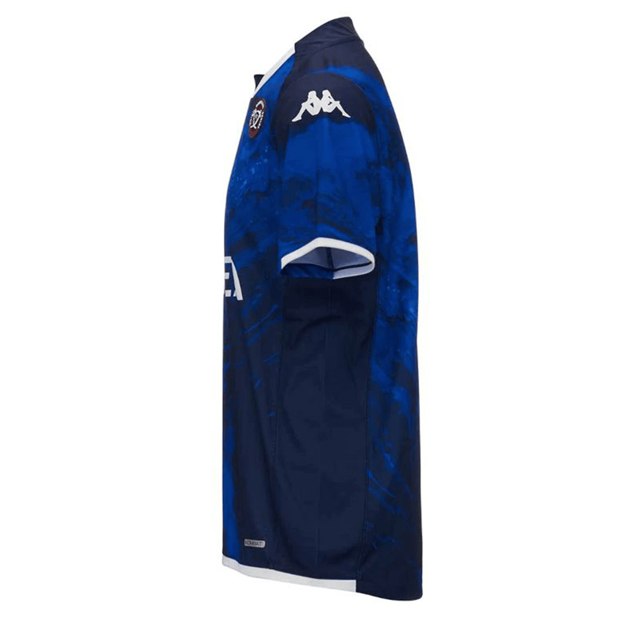 Side view of a blue Union Bordeaux Begles Rugby Third Jersey with a camouflage pattern, featuring white sleeve edges and logos on the shoulder and chest for Kappa.