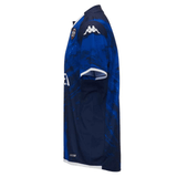 Side view of a blue Union Bordeaux Begles Rugby Third Jersey with a camouflage pattern, featuring white sleeve edges and logos on the shoulder and chest for Kappa.