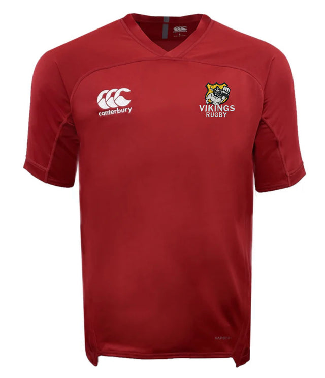 The EMB Canterbury Seattle Vikings Evader Jersey - Training Kit is a red short-sleeve rugby jersey with white Canterbury and Vikings Rugby logos on the chest.