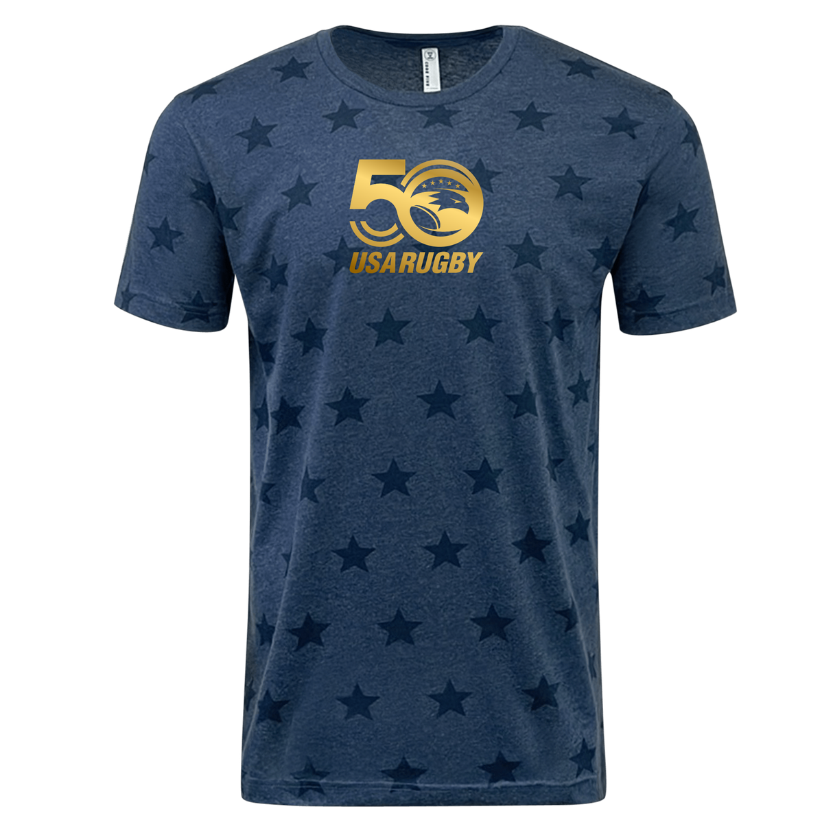 The USA Rugby 50th Anniversary Five Star Supersoft T-Shirt by WRS LAT features a dark star pattern on blue with a gold "50 USA RUGBY" logo. Celebrate the 50th Anniversary of USA Rugby in style and comfort.