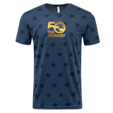 The USA Rugby 50th Anniversary Five Star Supersoft T-Shirt by WRS LAT features a dark star pattern on blue with a gold "50 USA RUGBY" logo. Celebrate the 50th Anniversary of USA Rugby in style and comfort.