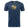 The USA Rugby 50th Anniversary Five Star Supersoft T-Shirt by WRS LAT features a dark star pattern on blue with a gold "50 USA RUGBY" logo. Celebrate the 50th Anniversary of USA Rugby in style and comfort.
