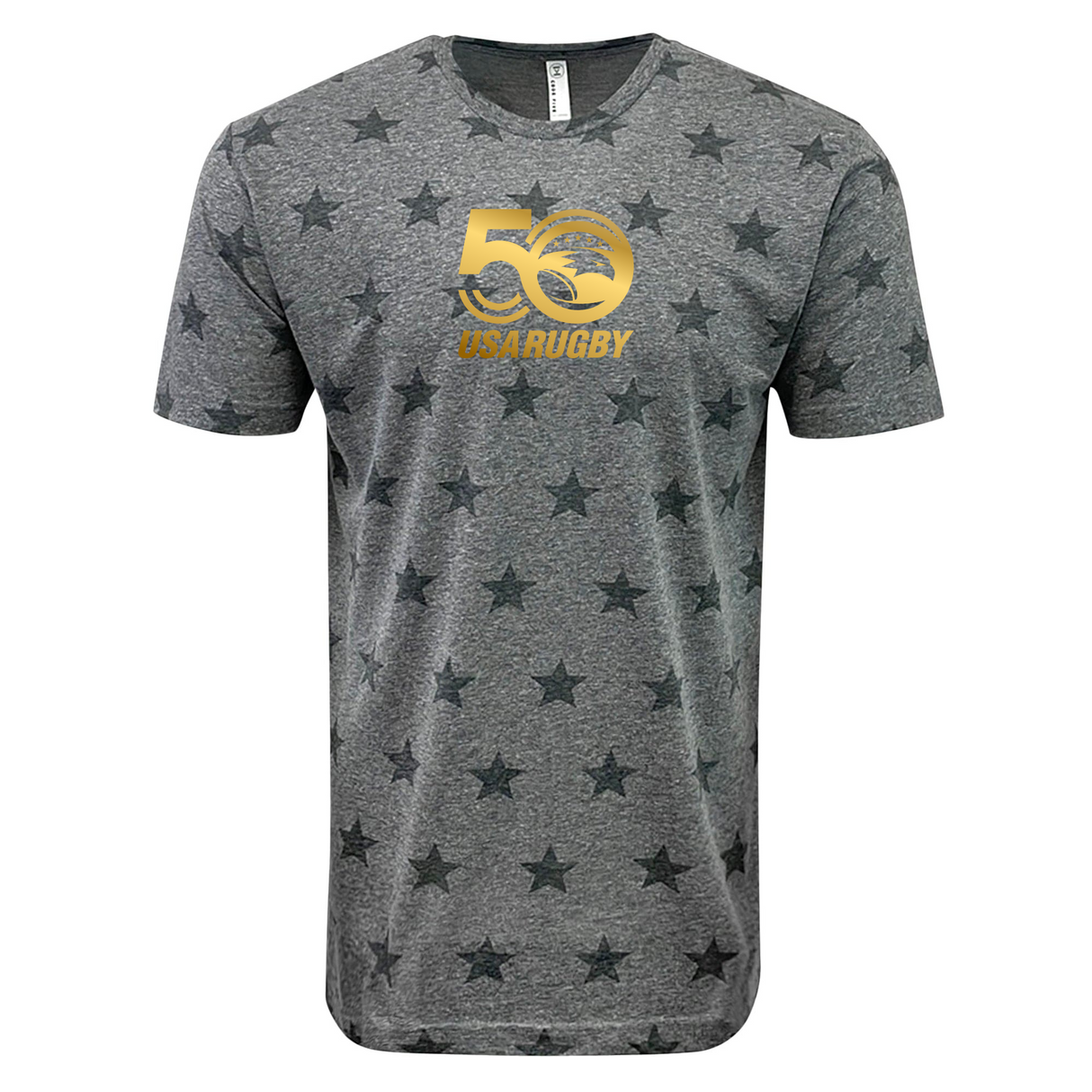 The WRS LAT USA Rugby 50th Anniversary Five Star Supersoft T-Shirt features a gray design with a black star pattern and gold "50 USA Rugby" logo.