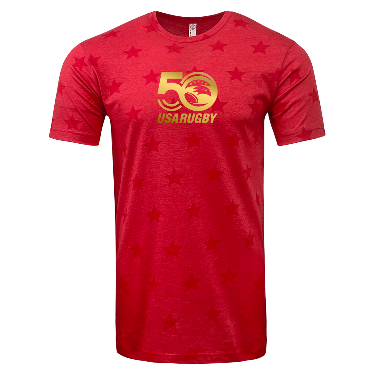 WRS LAT's USA Rugby 50th Anniversary Five Star Supersoft T-Shirt in red features a yellow "50 USA Rugby" logo with a stylized eagle and star patterns.