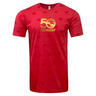WRS LAT's USA Rugby 50th Anniversary Five Star Supersoft T-Shirt in red features a yellow "50 USA Rugby" logo with a stylized eagle and star patterns.