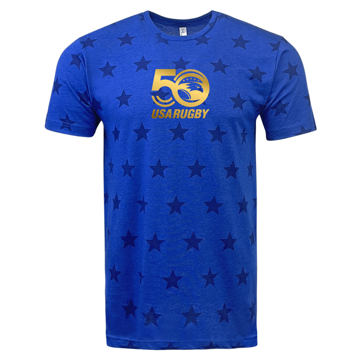 The USA Rugby 50th Anniversary Five Star Supersoft T-Shirt by WRS LAT celebrates USA Rugby's 50 years with a blue star pattern and a gold-and-blue "50 USA Rugby" eagle logo, combining style and comfort for rugby fans.