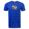 The USA Rugby 50th Anniversary Five Star Supersoft T-Shirt by WRS LAT celebrates USA Rugby's 50 years with a blue star pattern and a gold-and-blue "50 USA Rugby" eagle logo, combining style and comfort for rugby fans.