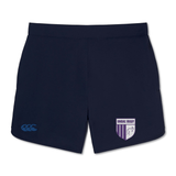 The OMBAC Rugby Elite Woven Short by EMB Canterbury is a navy blue rugby short with a small left-leg logo and "OMBAC Rugby" badge on the right, offering lightweight comfort and an adaptive fit.