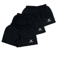 The Gilbert Saracen V3 Match Short 3-Pack Bundle from Bundle Gilbert displays three pairs of black shorts, each featuring the white Gilbert logo on the left side, in a staggered arrangement.