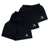The Gilbert Saracen V3 Match Short 3-Pack Bundle from Bundle Gilbert displays three pairs of black shorts, each featuring the white Gilbert logo on the left side, in a staggered arrangement.
