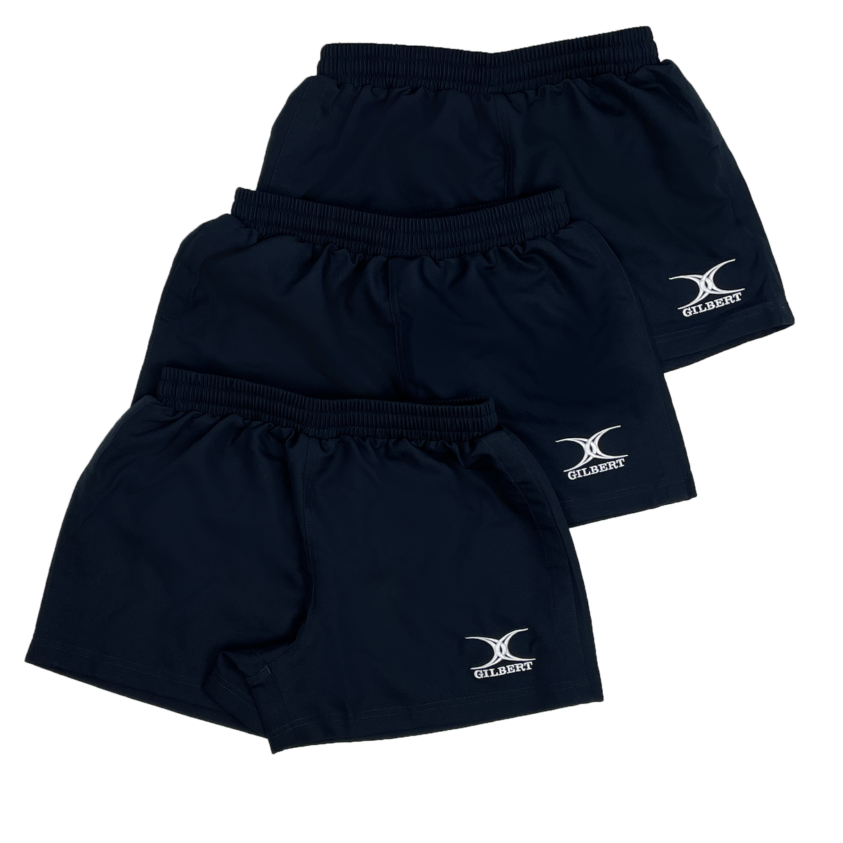 Three pairs of Gilbert Saracen V3 Match Shorts, featuring elastic waistbands and the distinctive Gilbert logo on the lower left side.