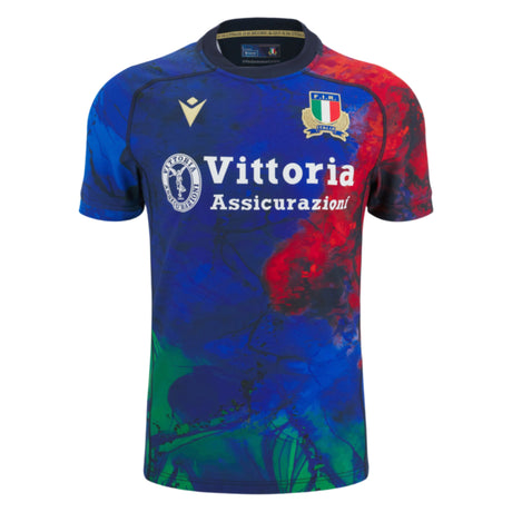 Show your support for Italia Rugby with the Italy 25/26 Replica Training Jersey by Macron—featuring a blue base, red, green, and black splatter design, Vittoria Assicurazioni sponsor, and team crest.
