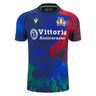 Show your support for Italia Rugby with the Italy 25/26 Replica Training Jersey by Macron—featuring a blue base, red, green, and black splatter design, Vittoria Assicurazioni sponsor, and team crest.