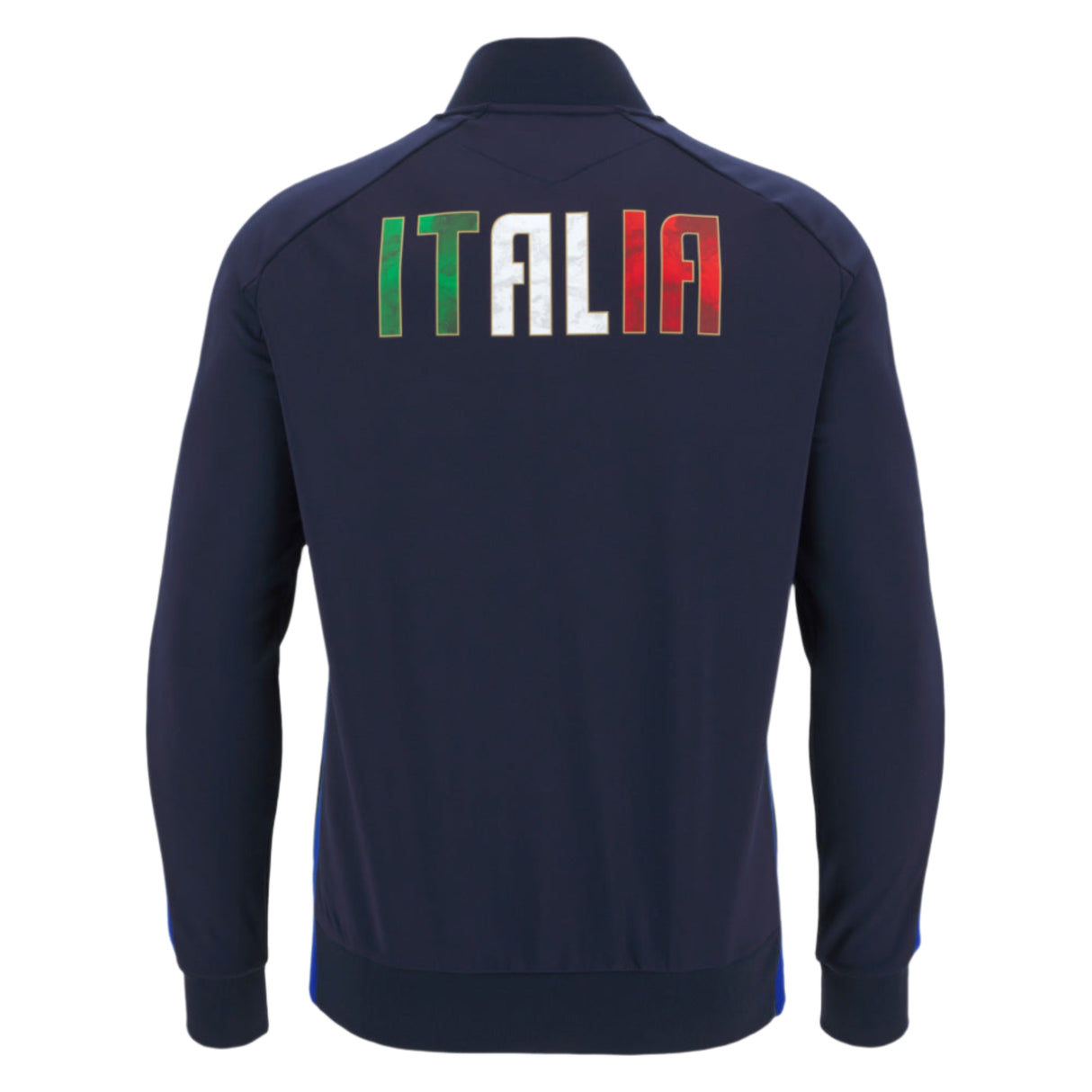 The Italy 25/26 Anthem Jacket by Macron, seen from the back and featuring "ITALIA" in Italian flag colors, is ideal for fans of the Italia Rugby 25/26 squad.