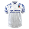 An Italy 24/25 Replica Away Jersey by Macron in white, with blue decorative patterns on the sleeves, showcasing a Renaissance-inspired graphic along with the Italian Rugby logo and Vittoria Assicurazioni branding on the front.