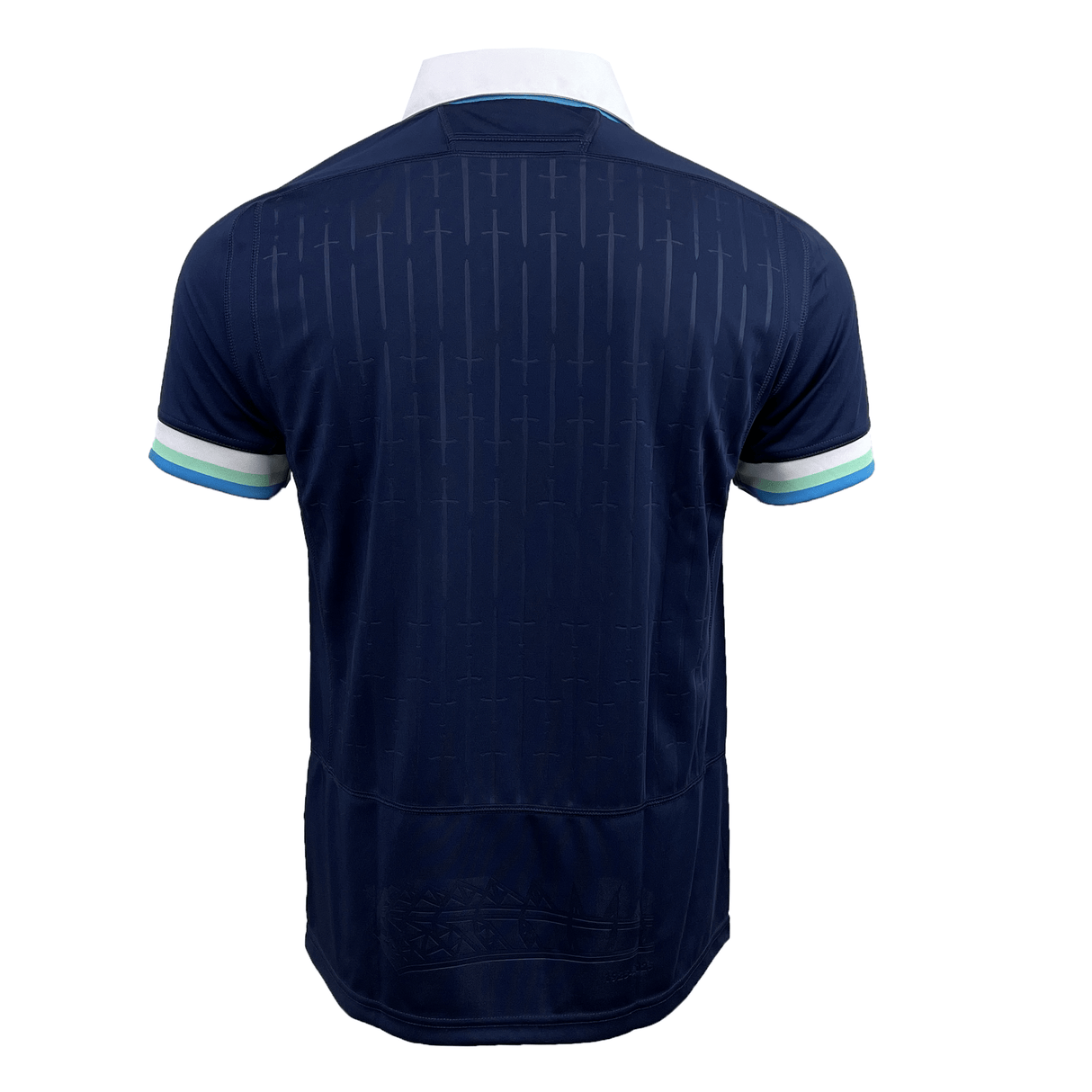 The Scotland Replica Home Jersey 24/25 by Macron is a navy blue short-sleeve sports jersey, viewed from the back, featuring a white collar and multi-colored sleeve edges. Made of 100% Polyester, this Macron home replica shirt is perfect for any fan of Scotland Rugby Union.