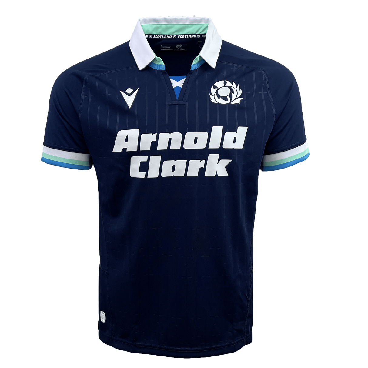 The Scotland Replica Home Jersey 24/25 by Macron is a navy blue rugby jersey adorned with white and light blue accents, featuring the Scotland Rugby logo, Arnold Clark sponsorship branding, and a white collar. Crafted entirely from polyester, this Macron home replica shirt is perfect for fans.