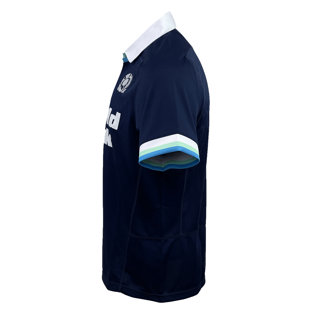 Side view of a navy blue short-sleeved Scotland Replica Home Jersey 24/25 by Macron, featuring white and light blue trim on the sleeves and a white collar. This Macron home replica shirt is made from 100% polyester and showcases a logo and text on the chest.