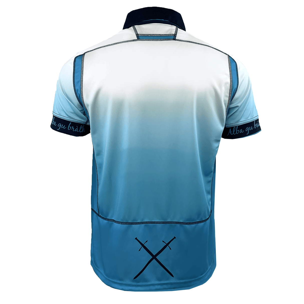 Back view of the Scotland 24/25 Replica Away Jersey by Macron, featuring a blue and white gradient reminiscent of a Scotland Rugby Jersey, complete with a crossed sword design near the bottom. The navy collar and sleeve edges enhance its bold look, capturing the essence of a Macron Men's Rugby Shirt.