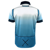 Back view of the Scotland 24/25 Replica Away Jersey by Macron, featuring a blue and white gradient reminiscent of a Scotland Rugby Jersey, complete with a crossed sword design near the bottom. The navy collar and sleeve edges enhance its bold look, capturing the essence of a Macron Men's Rugby Shirt.