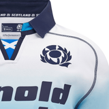 Close-up of the Scotland 24/25 Replica Away Jersey by Macron, featuring the iconic Scottish Rugby Crest and intricate sponsor logo.