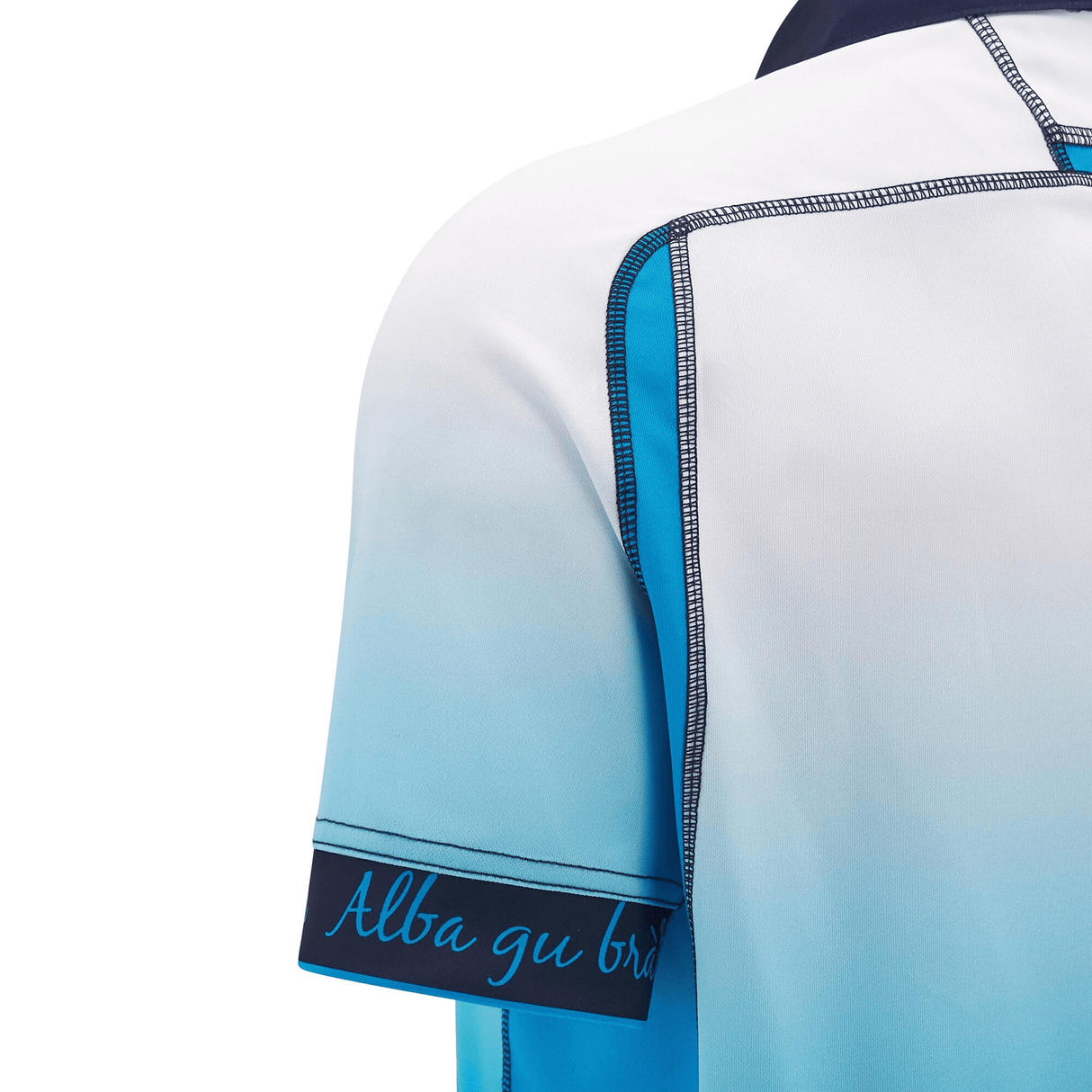 Close-up of the Scotland 24/25 Replica Away Jersey by Macron, in blue and white, with "Alba gu bràth" on the sleeve and proudly displaying the Scottish Rugby Crest.