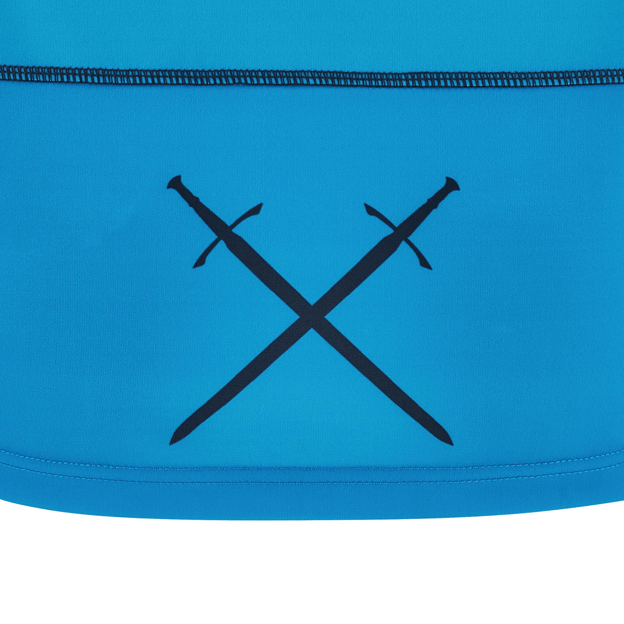 A close-up of the blue fabric exhibits a black emblem featuring two crossed swords, reminiscent of the iconic design found on the Scotland 24/25 Replica Away Jersey by Macron.