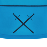 A close-up of the blue fabric exhibits a black emblem featuring two crossed swords, reminiscent of the iconic design found on the Scotland 24/25 Replica Away Jersey by Macron.