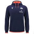 Edinburgh Player Travel Hoodie 24/25 in navy blue with orange lining, featuring Edinburgh Rugby and Scottish Building Society logos, designed by Macron. It boasts a kangaroo pocket and uniquely patterned sleeves.