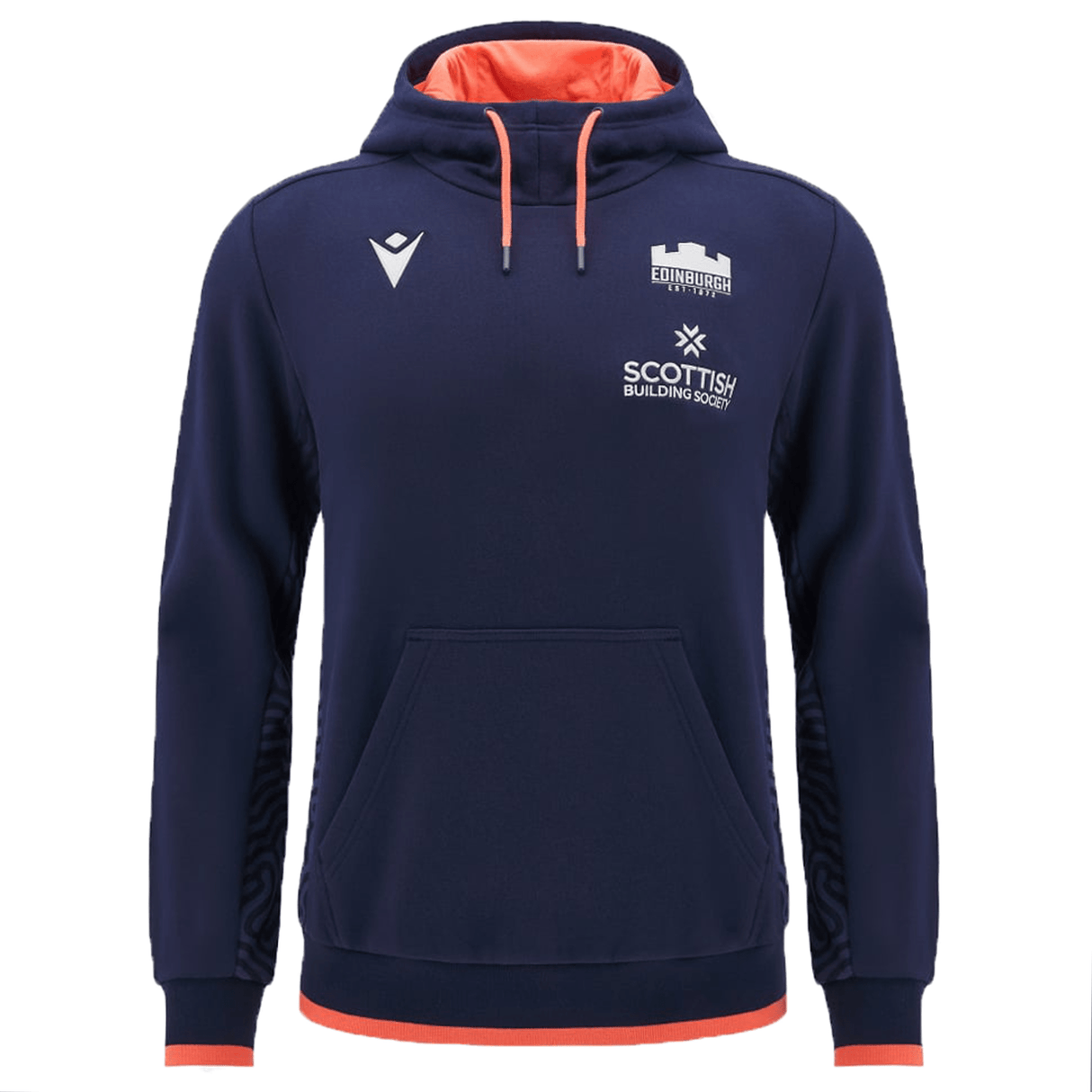 Edinburgh Player Travel Hoodie 24/25 in navy blue with orange lining, featuring Edinburgh Rugby and Scottish Building Society logos, designed by Macron. It boasts a kangaroo pocket and uniquely patterned sleeves.