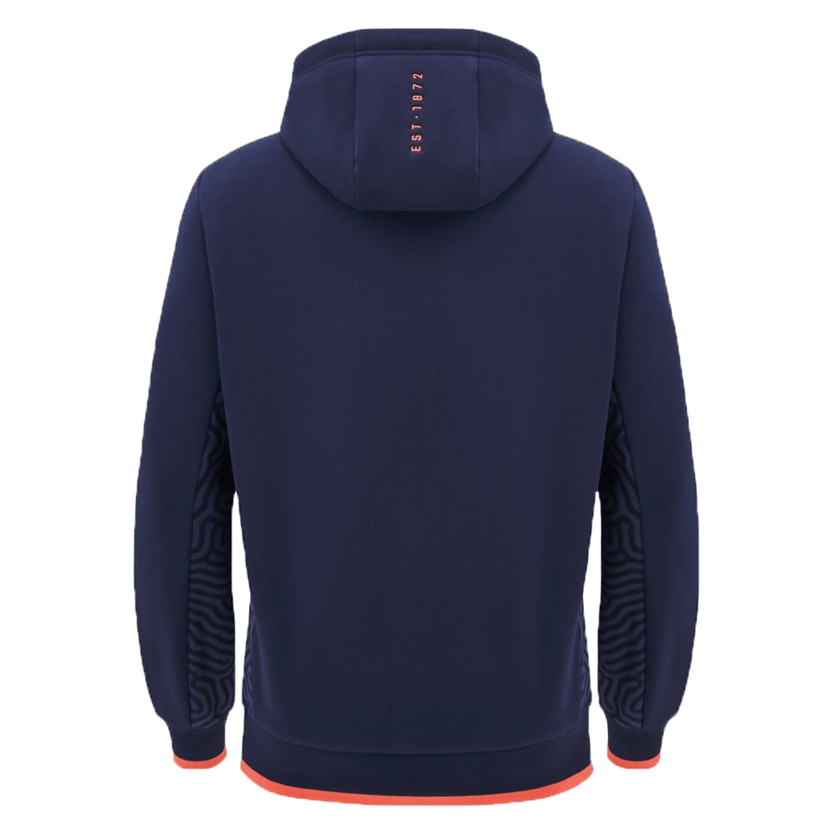 Edinburgh Player Travel Hoodie 24/25 by Macron in navy, featuring patterned sleeves and a text design on the hood, offering a back view reminiscent of Edinburgh scenes.