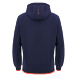 Edinburgh Player Travel Hoodie 24/25 by Macron in navy, featuring patterned sleeves and a text design on the hood, offering a back view reminiscent of Edinburgh scenes.