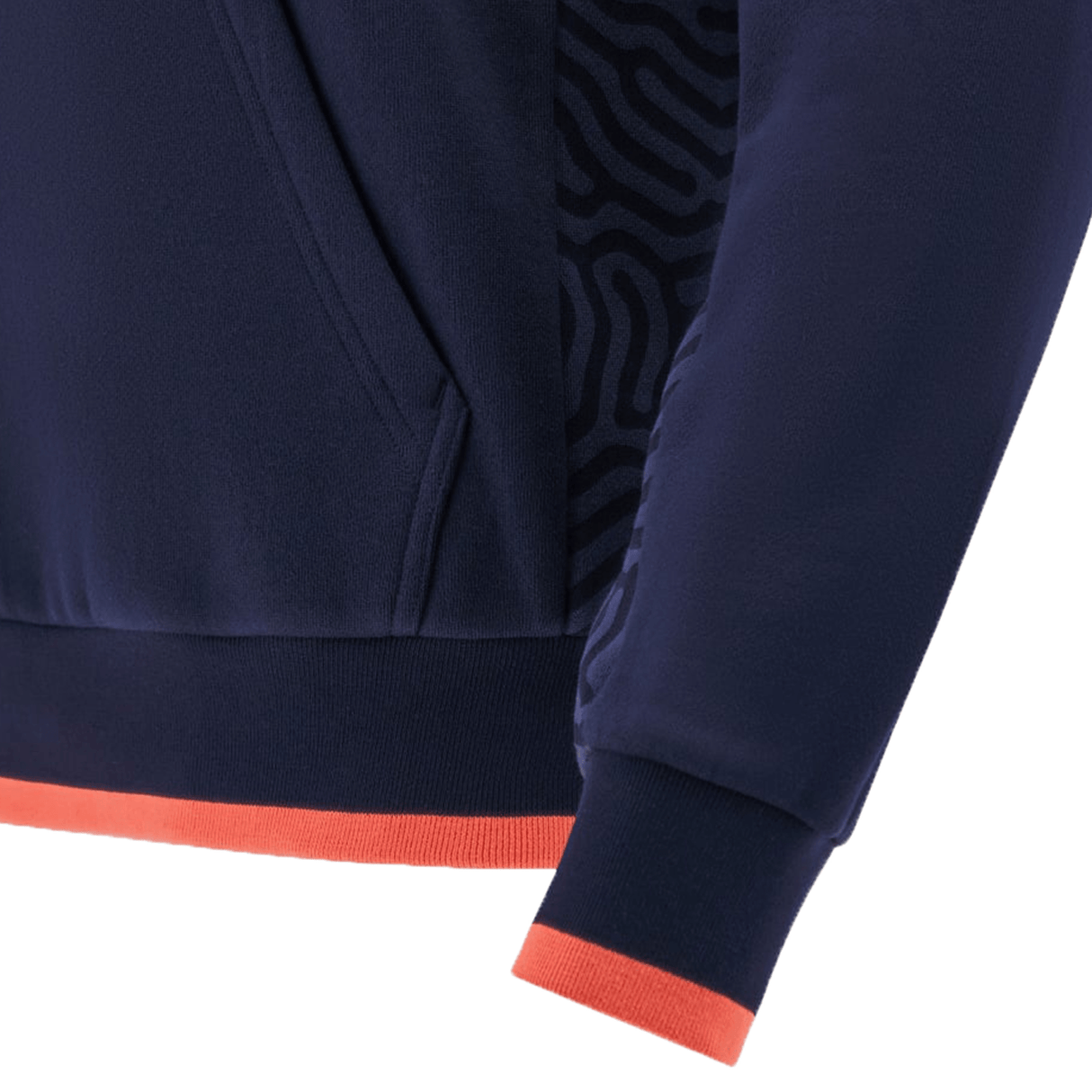 Close-up of the Edinburgh Player Travel Hoodie 24/25 by Macron, featuring a dark blue design with a wavy pattern on the sleeve and an orange trim on the cuffs and hem, perfect for exploring Edinburgh's charming streets.