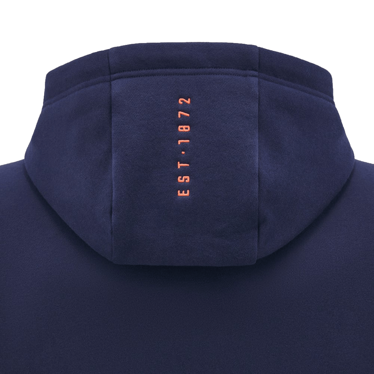 Rear view of the Edinburgh Player Travel Hoodie 24/25 by Macron in navy, showcasing "EST. 1872" stylishly printed in red on the hood, ideal for your Edinburgh escapades.