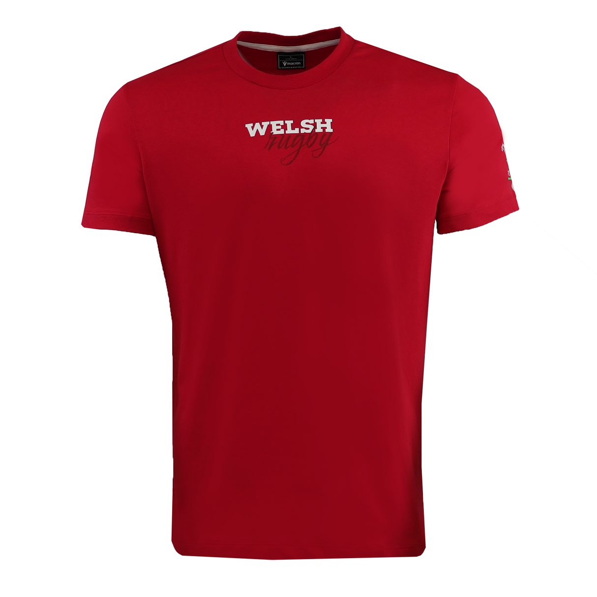 The Wales 25/26 Welsh Rugby Cotton Fan T-Shirt by Macron features short sleeves, a red design, and "WELSH Rugby" printed in white—a perfect WRU supporter shirt from Macron.
