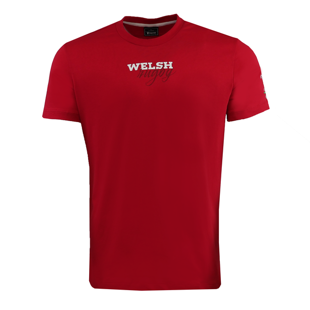 The Wales 25/26 Welsh Rugby Cotton Fan T-Shirt by Macron features short sleeves, a red design, and "WELSH Rugby" printed in white—a perfect WRU supporter shirt from Macron.