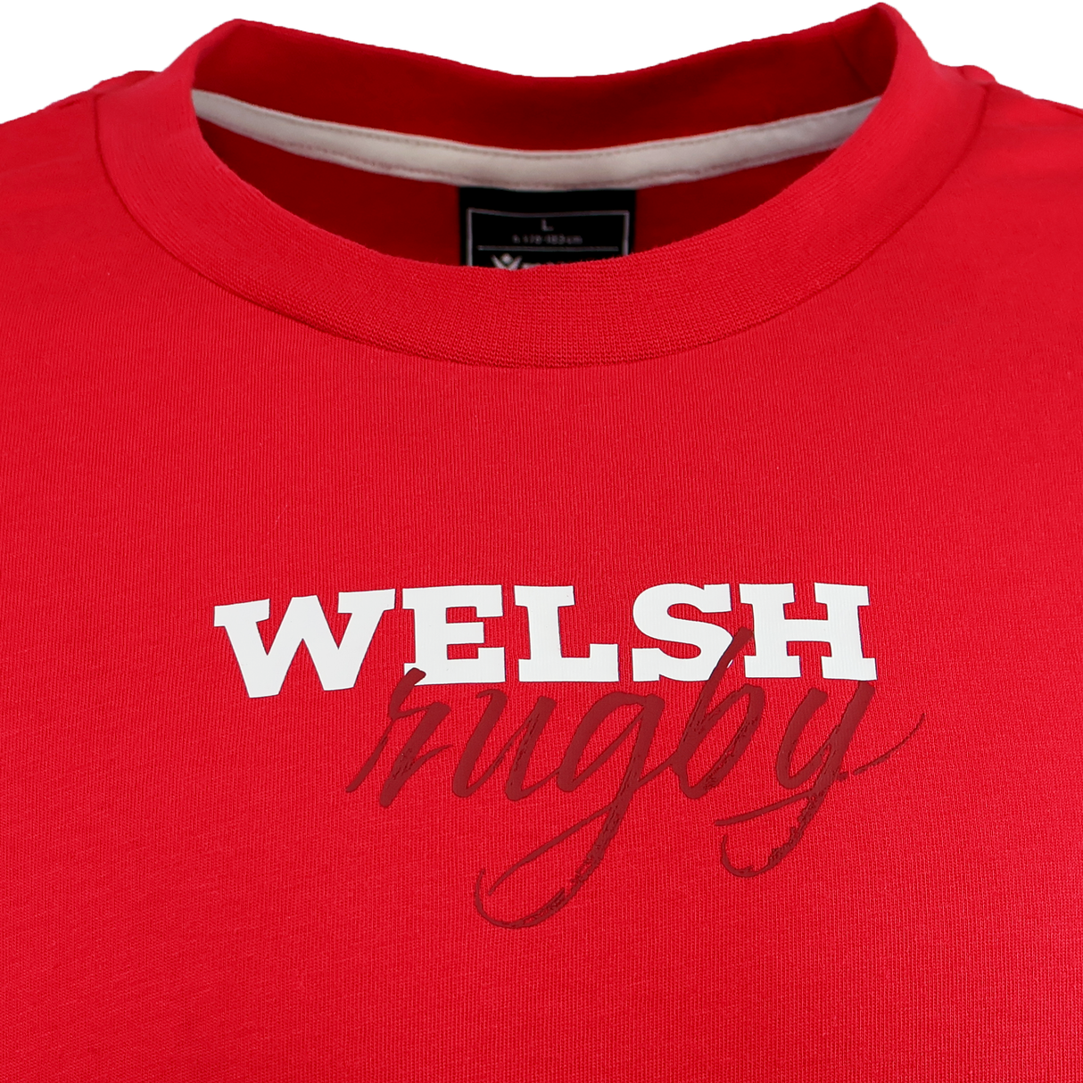 The Wales 25/26 Welsh Rugby Cotton Fan T-Shirt by Macron features "WELSH rugby" on the front in bold white and cursive red lettering—a must-have for any Wales WRU fan collection.