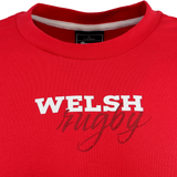 The Wales 25/26 Welsh Rugby Cotton Fan T-Shirt by Macron features "WELSH rugby" on the front in bold white and cursive red lettering—a must-have for any Wales WRU fan collection.