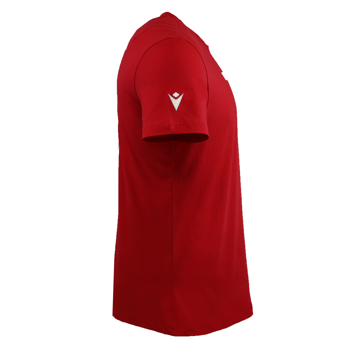 A side view shows the Wales 25/26 Welsh Rugby Cotton Fan T-Shirt by Macron, a plain red short-sleeve tee with a small white logo on the sleeve.