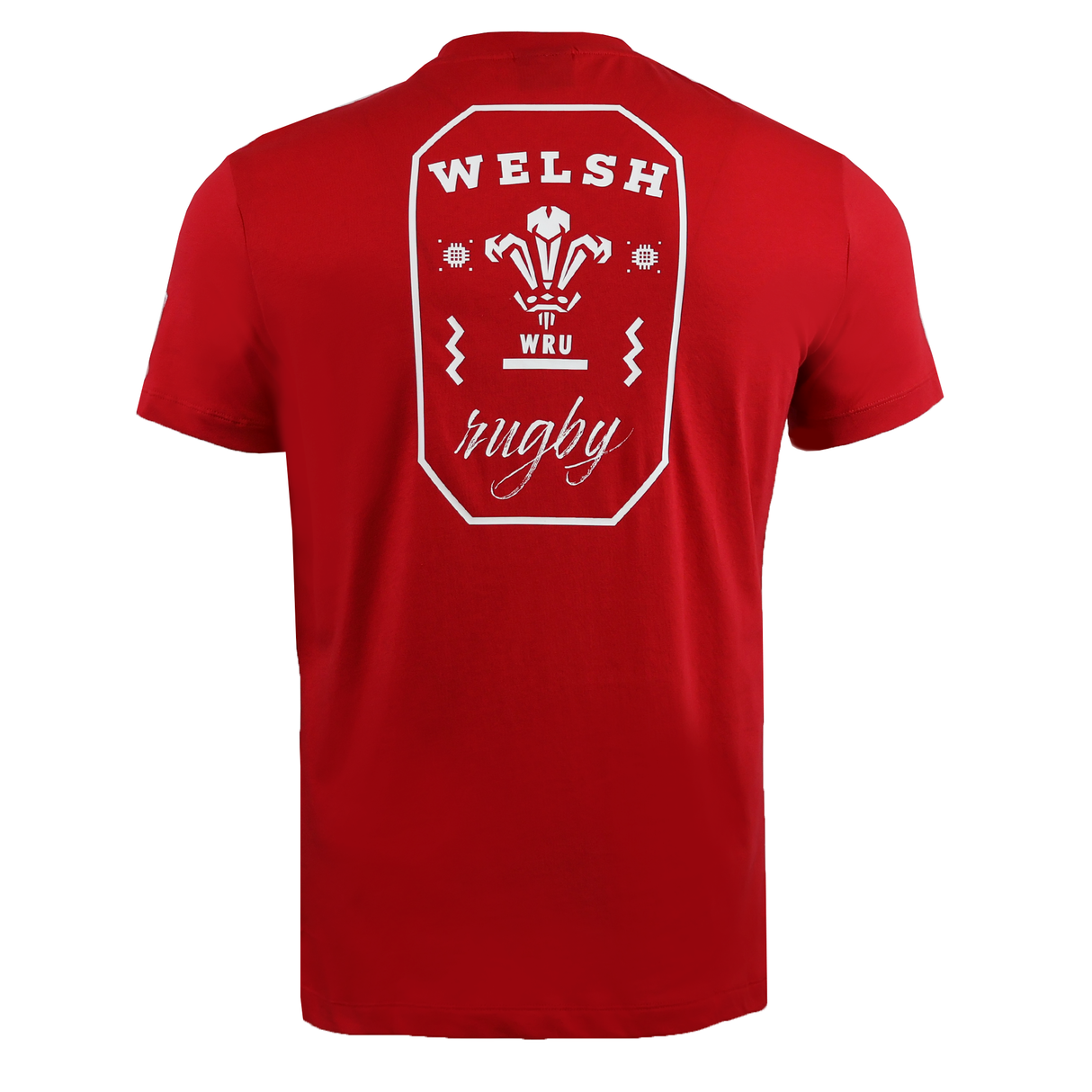 The Wales 25/26 Welsh Rugby Cotton Fan T-Shirt by Macron features a bold white "Welsh Rugby WRU" back design—an ideal short-sleeve red shirt for any true WRU fan’s collection.