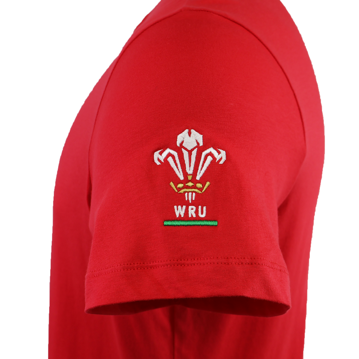 Show your support in the Wales 25/26 Welsh Rugby Cotton Fan T-Shirt by Macron, featuring the WRU logo on the sleeve, three feathers above green and gold WRU text—a perfect pick for passionate Welsh rugby fans.