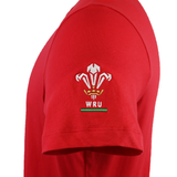 Show your support in the Wales 25/26 Welsh Rugby Cotton Fan T-Shirt by Macron, featuring the WRU logo on the sleeve, three feathers above green and gold WRU text—a perfect pick for passionate Welsh rugby fans.