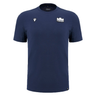 The Edinburgh 24/25 Anthem Travel Cotton T-Shirt by Macron is a navy blue athleisure tee crafted from heavyweight cotton, featuring a small white stylized logo on the upper left and a larger "Edinburgh" logo on the right.