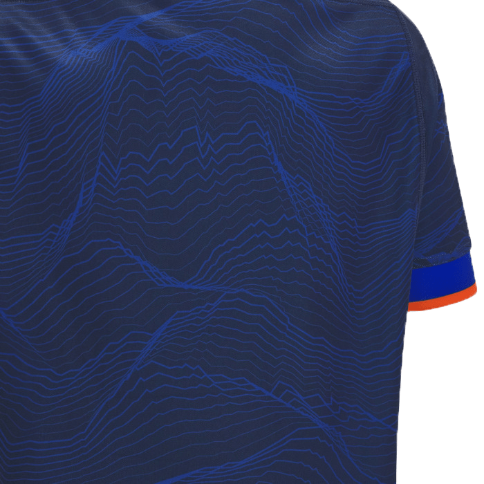 Close-up of a blue textured fabric with an orange and blue stripe on the edge of a sleeve, reminiscent of the iconic Edinburgh 24/25 Replica Home Jersey by Macron.