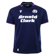 Show your pride in the Scotland SRU 25/26 Replica Home Jersey by Macron, a dark blue top with purple accents featuring the Scottish Rugby logo, Arnold Clark sponsor, and Macron branding—ideal for passionate fans.